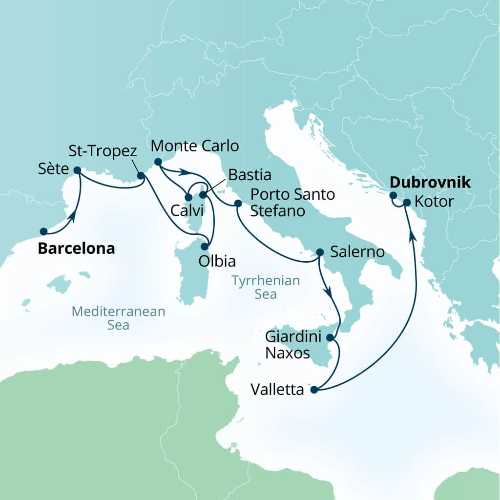 Seabourn Ovation 14-day Barcelona, Spain to Dubrovnik, Croatia itinerary map, October 7-21 2028