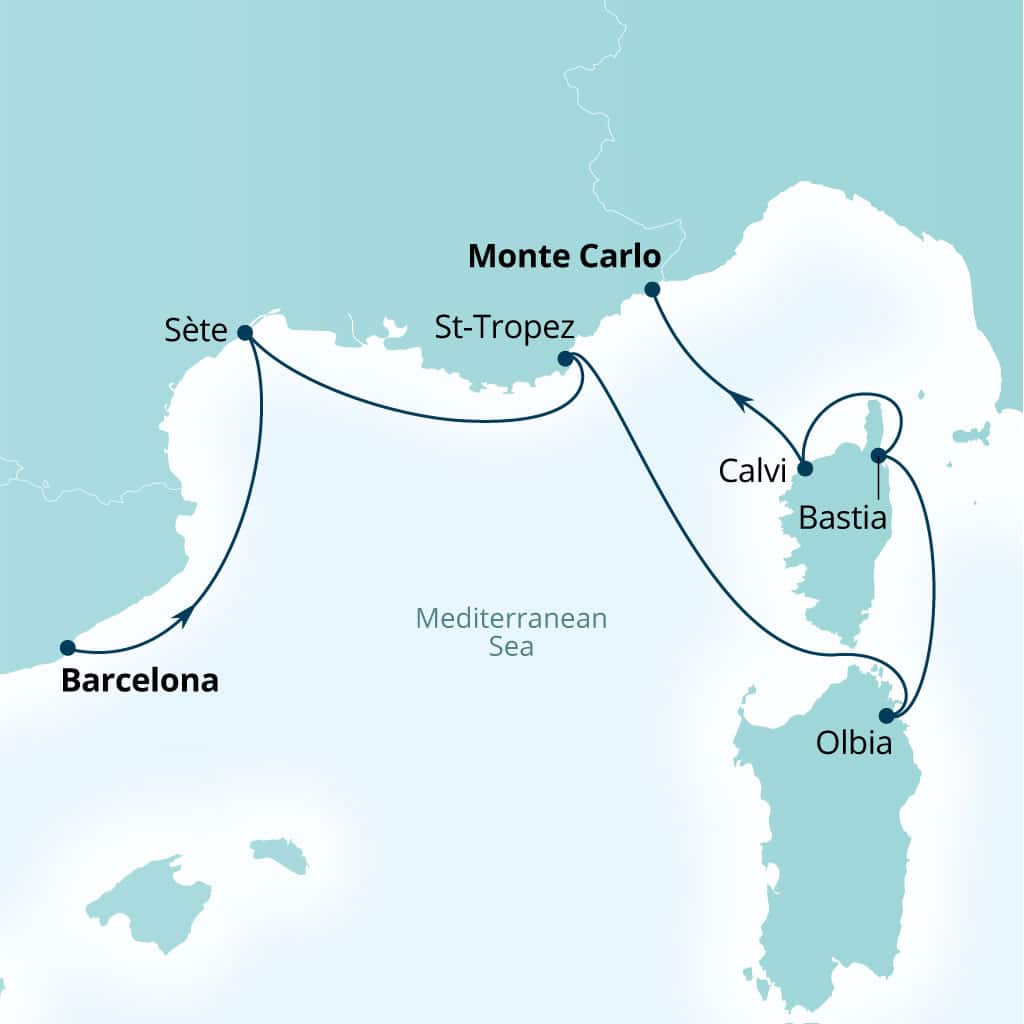 Seabourn Ovation 7-day Barcelona, Spain to Monte Carlo, Monaco itinerary map, October 7-14 2028
