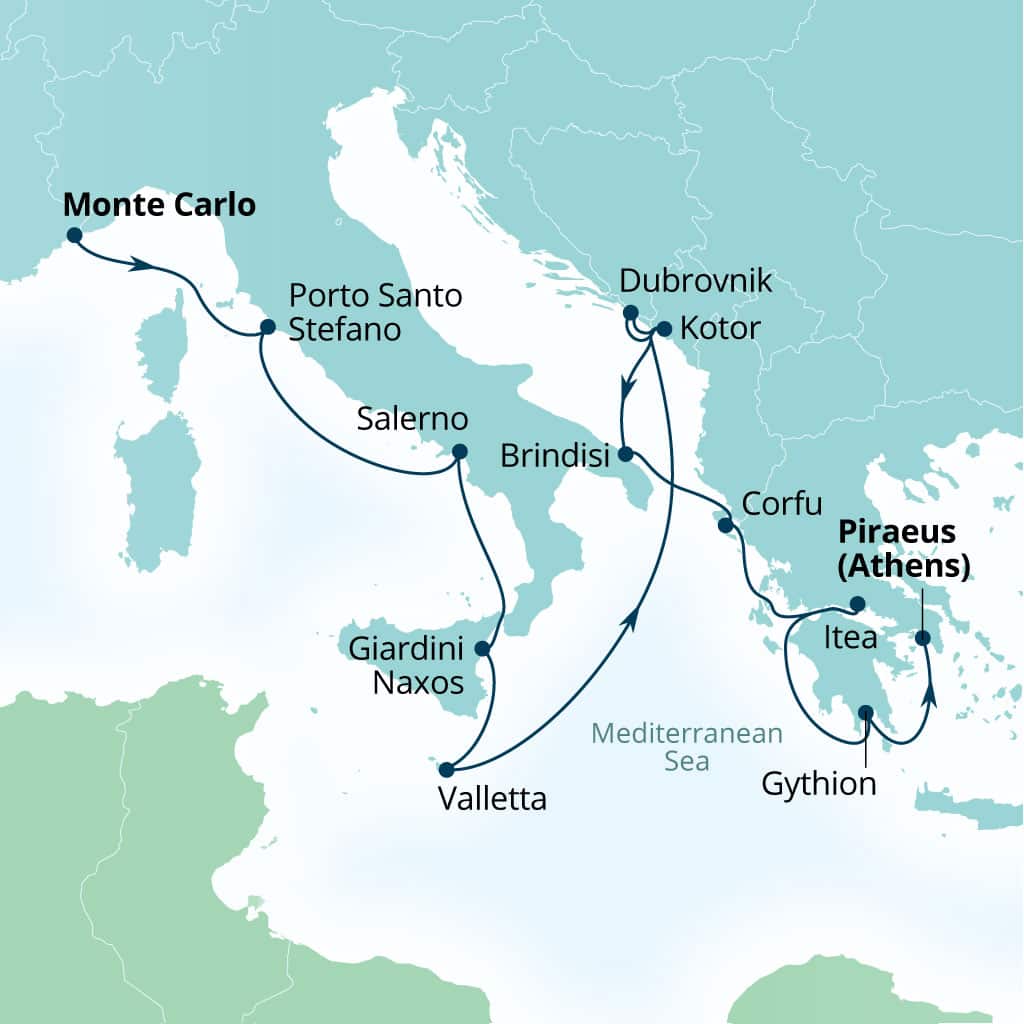 Seabourn Ovation 14-day Monte Carlo, Monaco to Piraeus (Athens), Greece itinerary map, October 14-28 2028