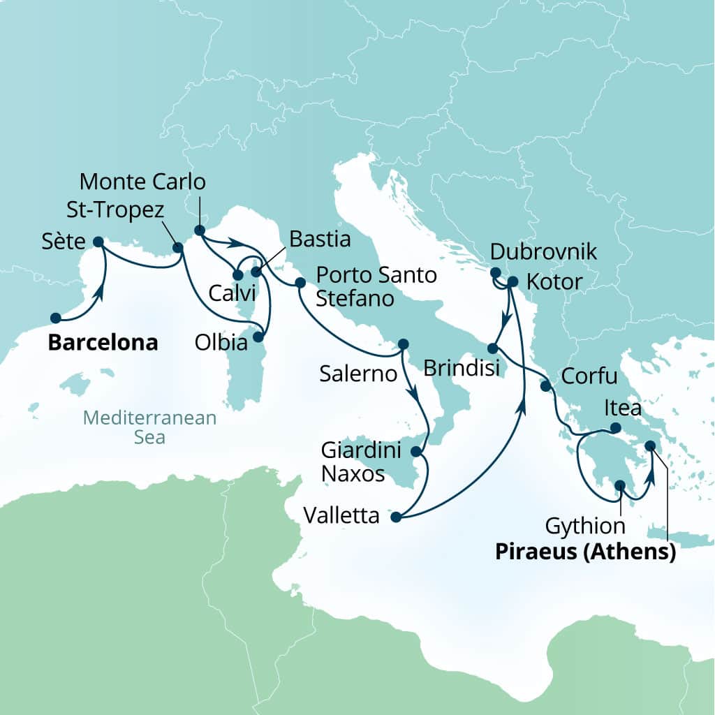 Seabourn Ovation 21-day Barcelona, Spain to Piraeus (Athens), Greece itinerary map, October 7-28 2028