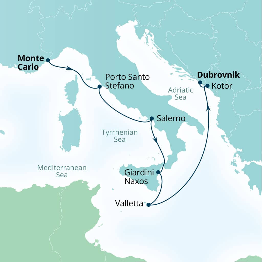 Seabourn Ovation 7-day Monte Carlo, Monaco to Dubrovnik, Croatia itinerary map, October 14-21 2028
