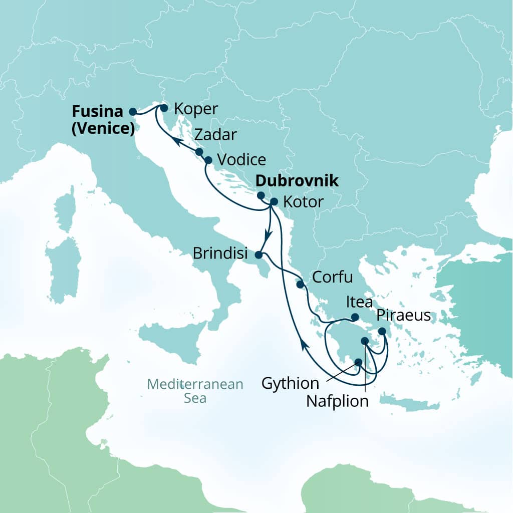 Seabourn Ovation 14-day Dubrovnik, Croatia to Fusina (Venice), Italy itinerary map, October 21-November 4 2028