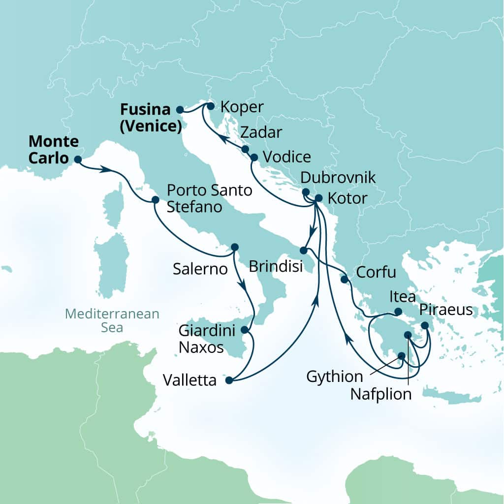 Seabourn Ovation 21-day Monte Carlo, Monaco to Fusina (Venice), Italy itinerary map, October 14-November 4 2028