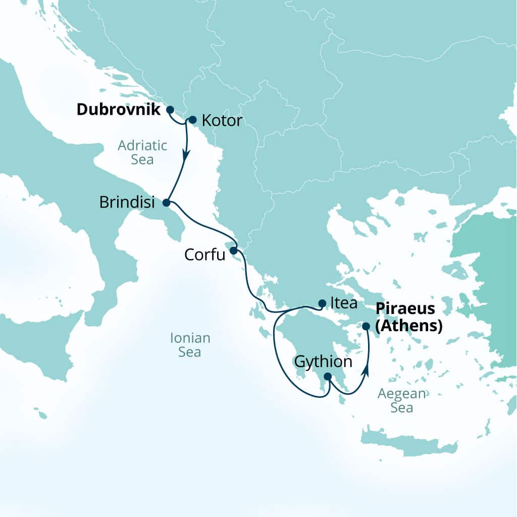 Seabourn Ovation 7-day Dubrovnik, Croatia to Piraeus (Athens), Greece itinerary map, October 21-28 2028