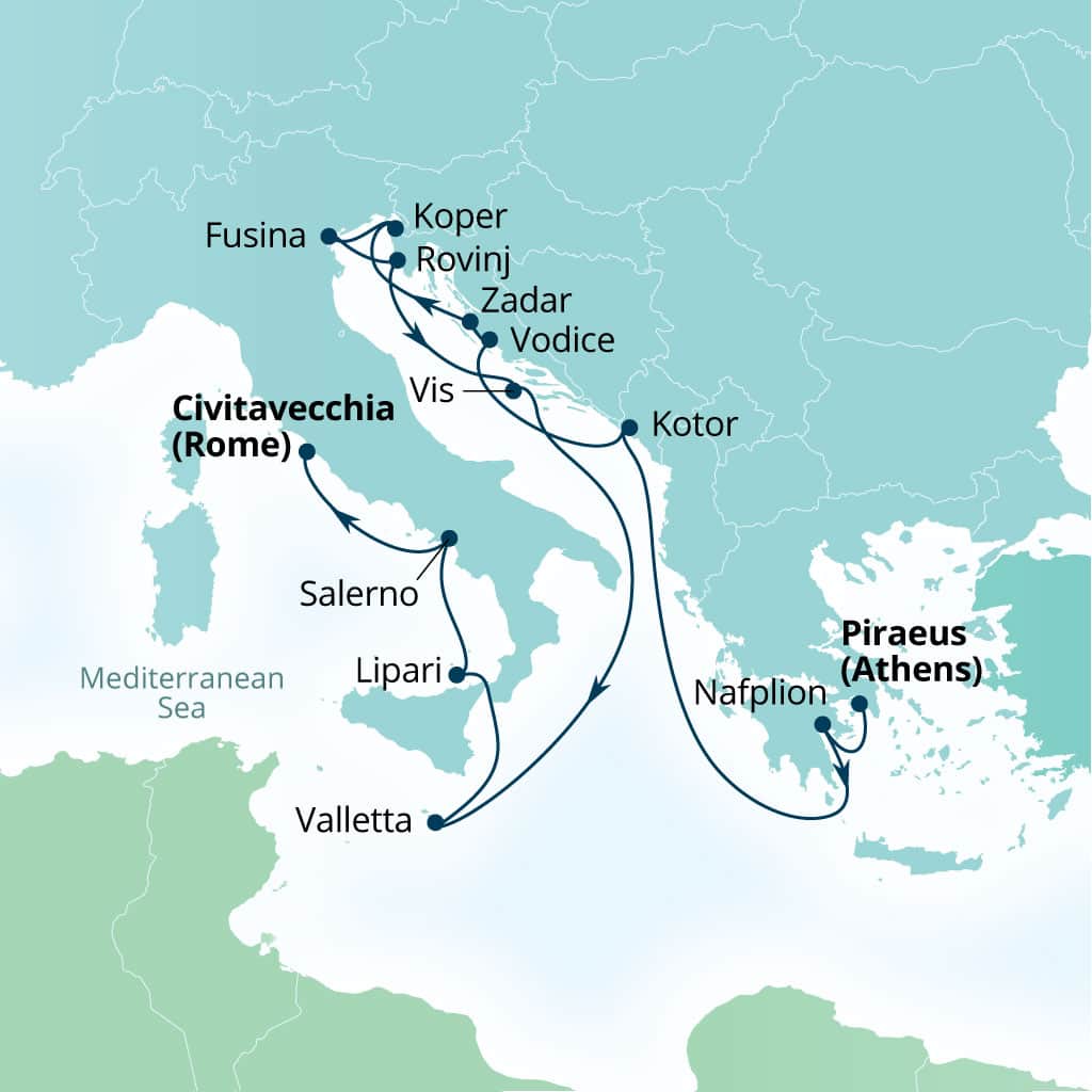 Seabourn Ovation 14-day Piraeus (Athens), Greece to Civitavecchia (Rome), Italy itinerary map, October 28-November 11 2028