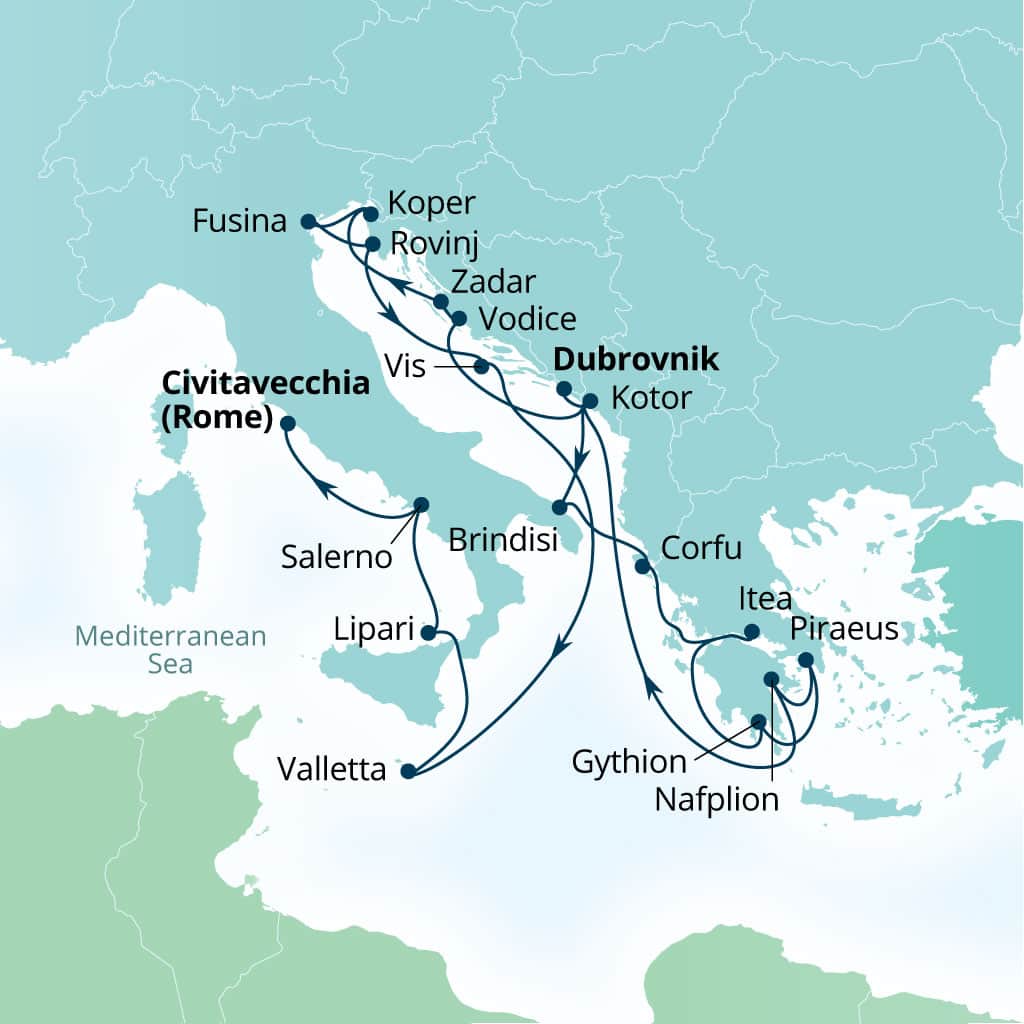 Seabourn Ovation 21-day Dubrovnik, Croatia to Civitavecchia (Rome), Italy itinerary map, October 21-November 11 2028