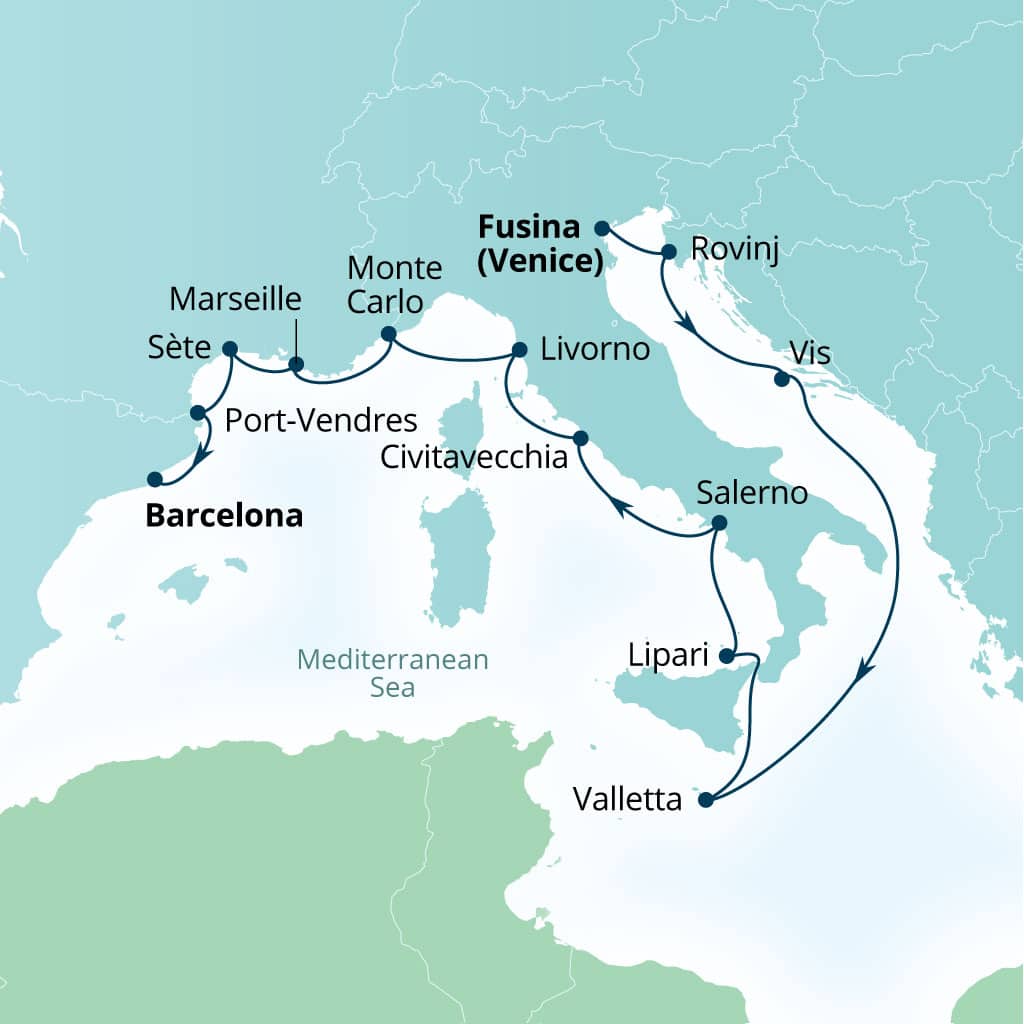 Seabourn Ovation 14-day Fusina (Venice), Italy to Barcelona, Spain itinerary map, November 4-18 2028