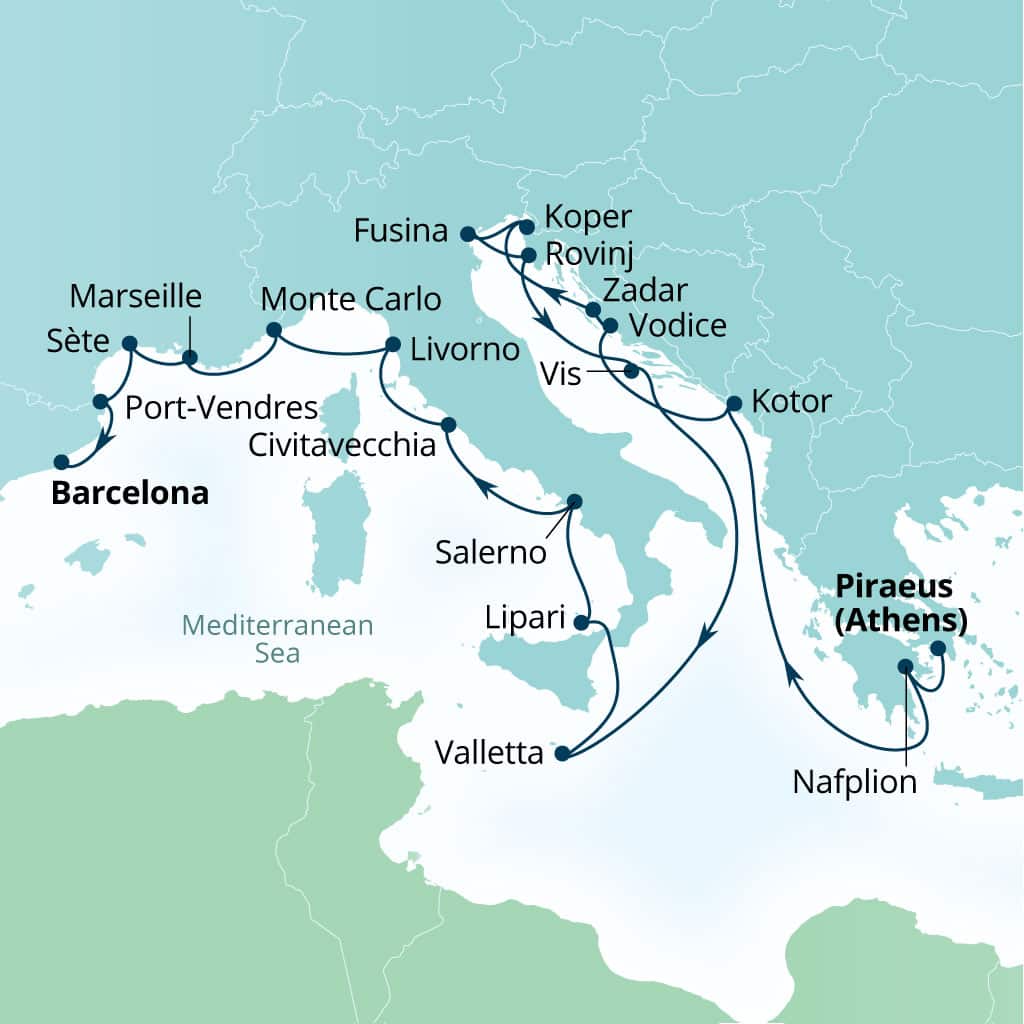 Seabourn Ovation 21-day Piraeus (Athens), Greece to Barcelona, Spain itinerary map, October 28-November 18 2028