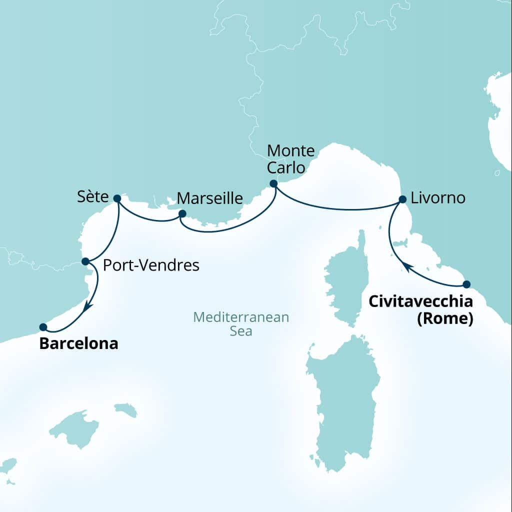 Seabourn Ovation 7-day Civitavecchia (Rome), Italy to Barcelona, Spain itinerary map, November 11-18 2028