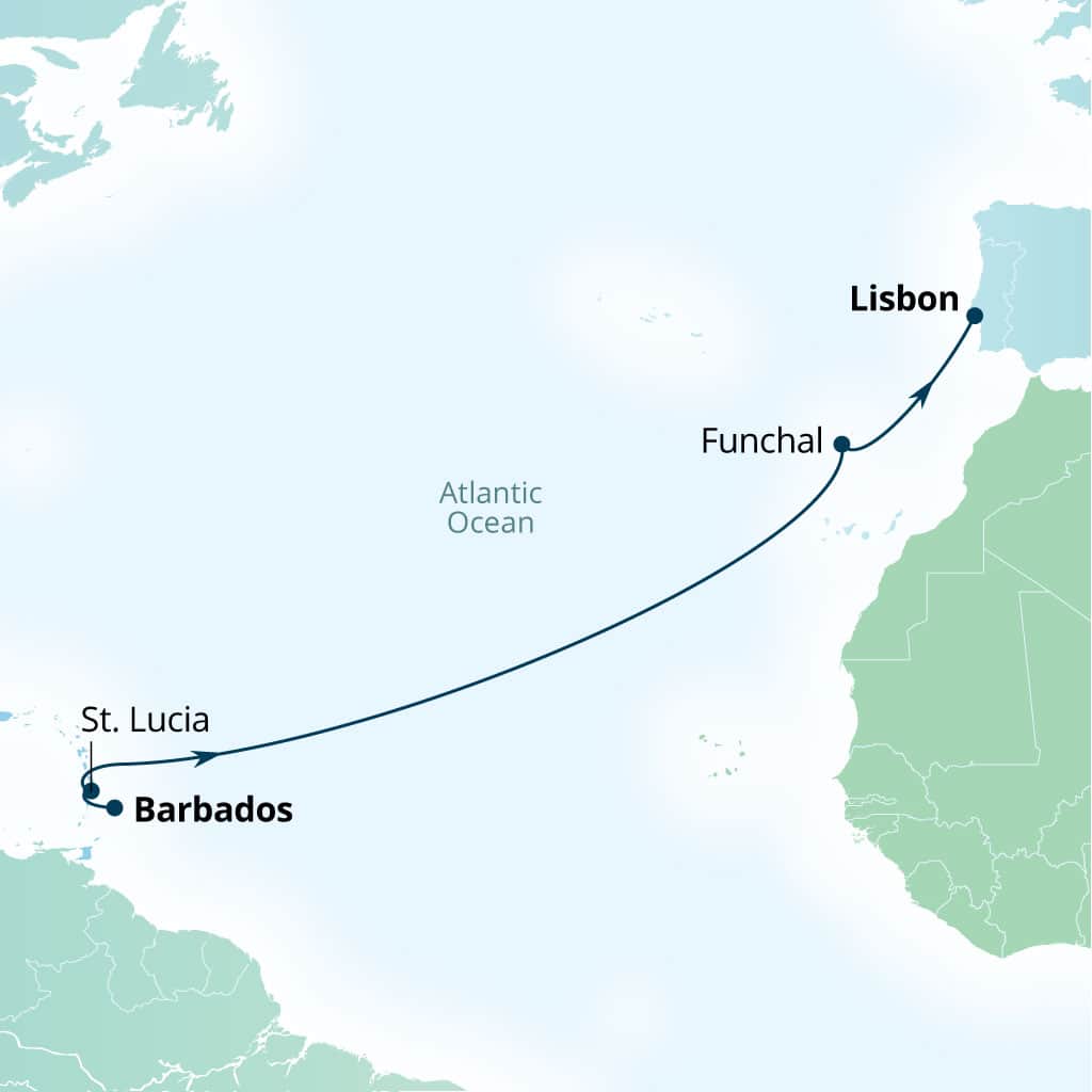 Seabourn Ovation 12-day Bridgetown, Barbados to Lisbon, Portugal itinerary map, March 25-April 6 2028