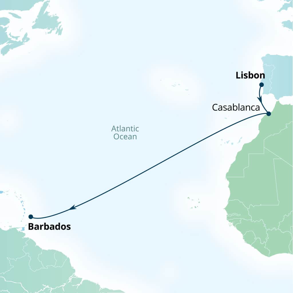Seabourn Ovation 12-day Lisbon, Portugal to Bridgetown, Barbados itinerary map, November 27-December 9 2028