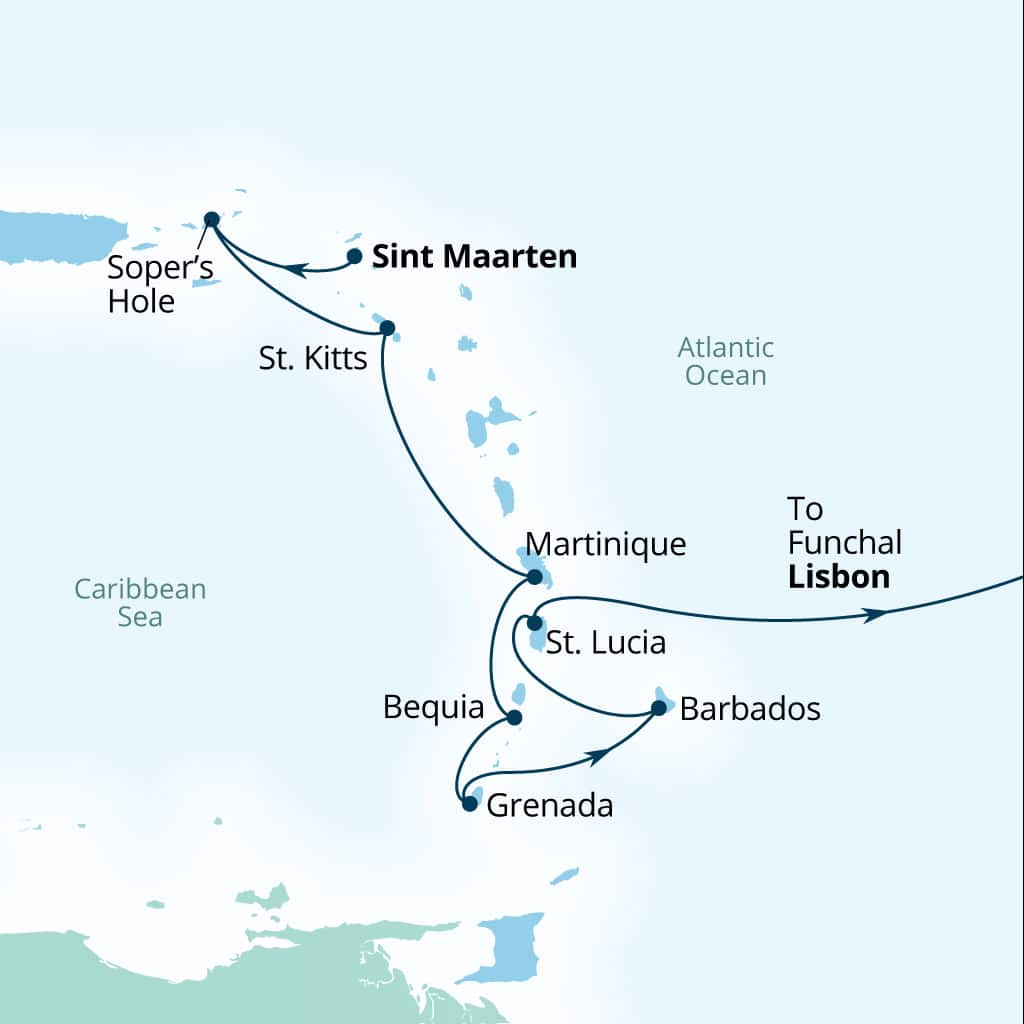 Seabourn Ovation 19-day Philipsburg, Sint Maarten to Lisbon, Portugal itinerary map, March 18-April 6 2028