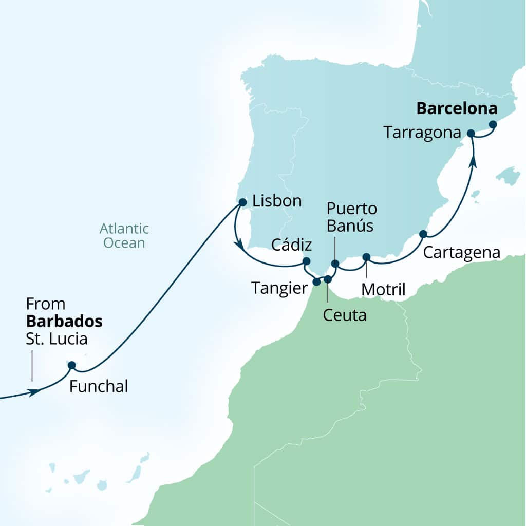 Seabourn Ovation 21-day Bridgetown, Barbados to Barcelona, Spain itinerary map, March 25-April 15 2028