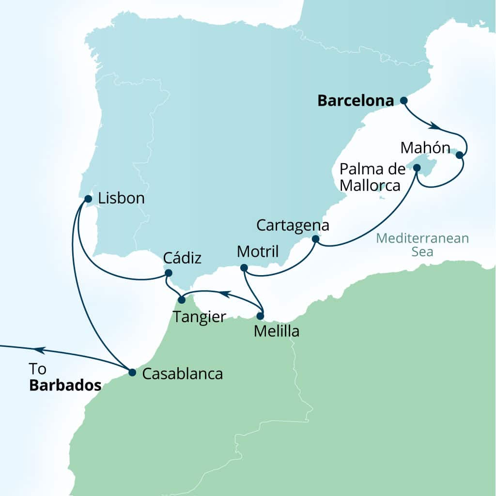 Seabourn Ovation 21-day Barcelona, Spain to Bridgetown, Barbados itinerary map, November 18-December 9 2028