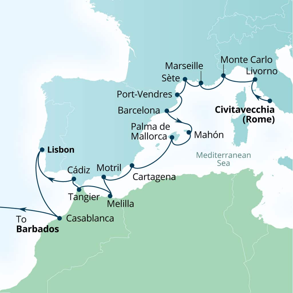 Seabourn Ovation 28-day Civitavecchia (Rome), Italy to Bridgetown, Barbados itinerary map, November 11-December 9 2028