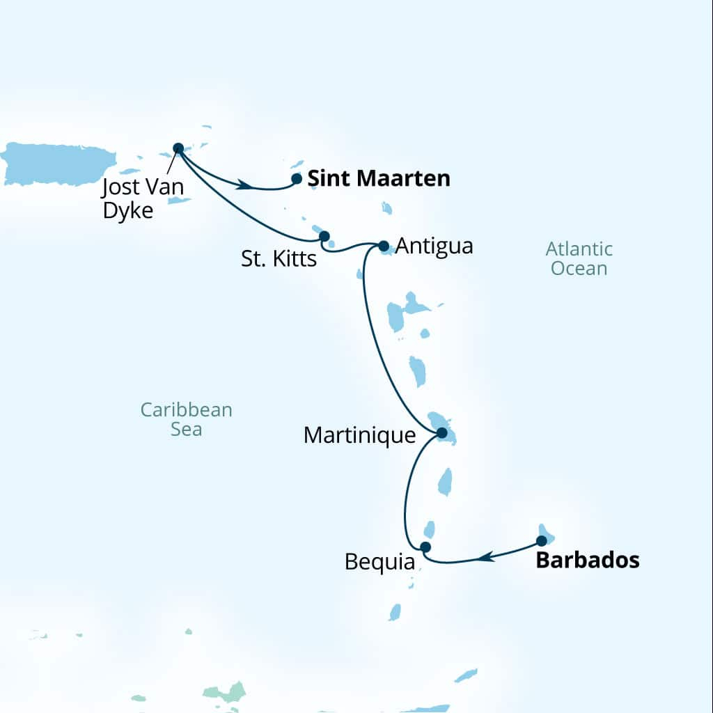Seabourn Ovation 7-day Bridgetown, Barbados to Philipsburg, Sint Maarten itinerary map, January 6-13 2029