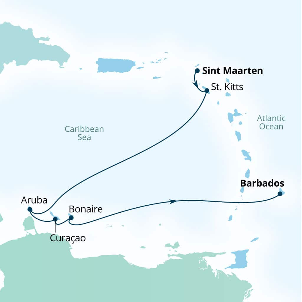 Seabourn Ovation 7-day Philipsburg, Sint Maarten to Bridgetown, Barbados itinerary map, January 13-20 2029