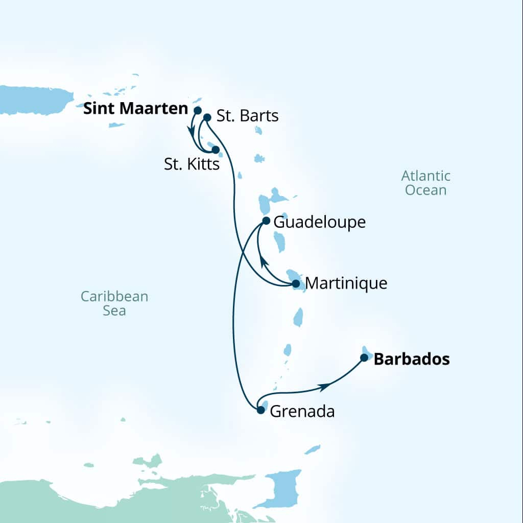 Seabourn Ovation 7-day Philipsburg, Sint Maarten to Bridgetown, Barbados itinerary map, January 27-February 3 2029