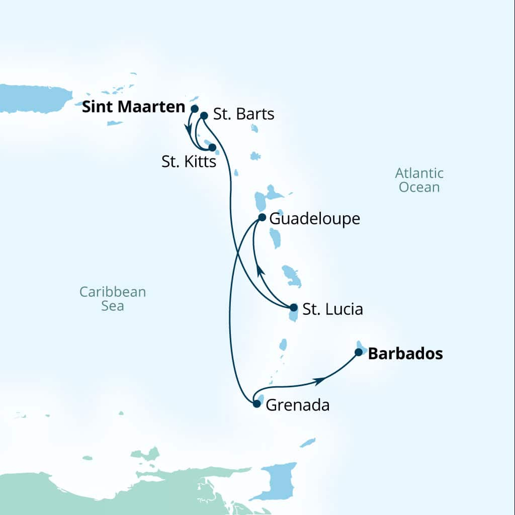 Seabourn Ovation 7-day Philipsburg, Sint Maarten to Bridgetown, Barbados itinerary map, March 3-10 2029