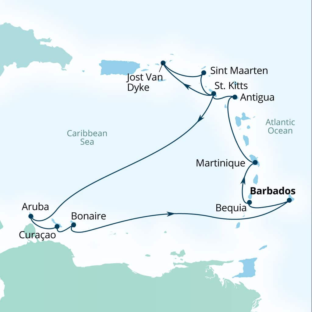 Seabourn Ovation 14-day Bridgetown, Barbados to Bridgetown, Barbados itinerary map, January 6-20 2029