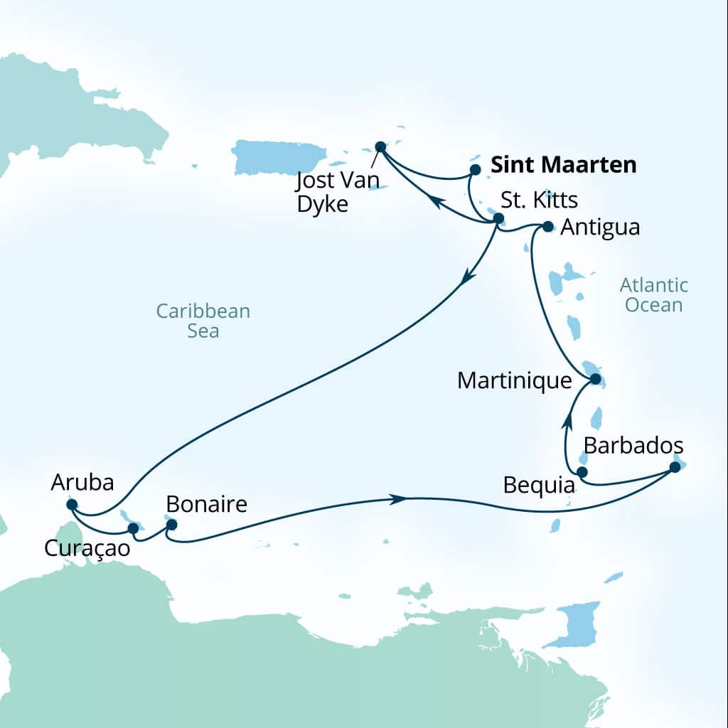 Seabourn Ovation 14-day Philipsburg, Sint Maarten to Philipsburg, Sint Maarten itinerary map, January 13-27 2029