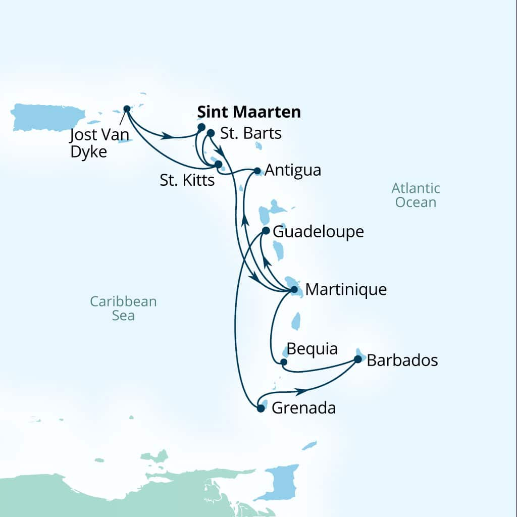 Seabourn Ovation 14-day Bridgetown, Barbados to Bridgetown, Barbados itinerary map, January 20-February 3 2029