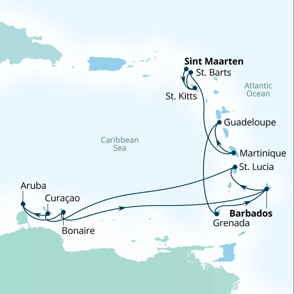 Seabourn Ovation 14-day Philipsburg, Sint Maarten to Bridgetown, Barbados itinerary map, January 27-February 10 2029