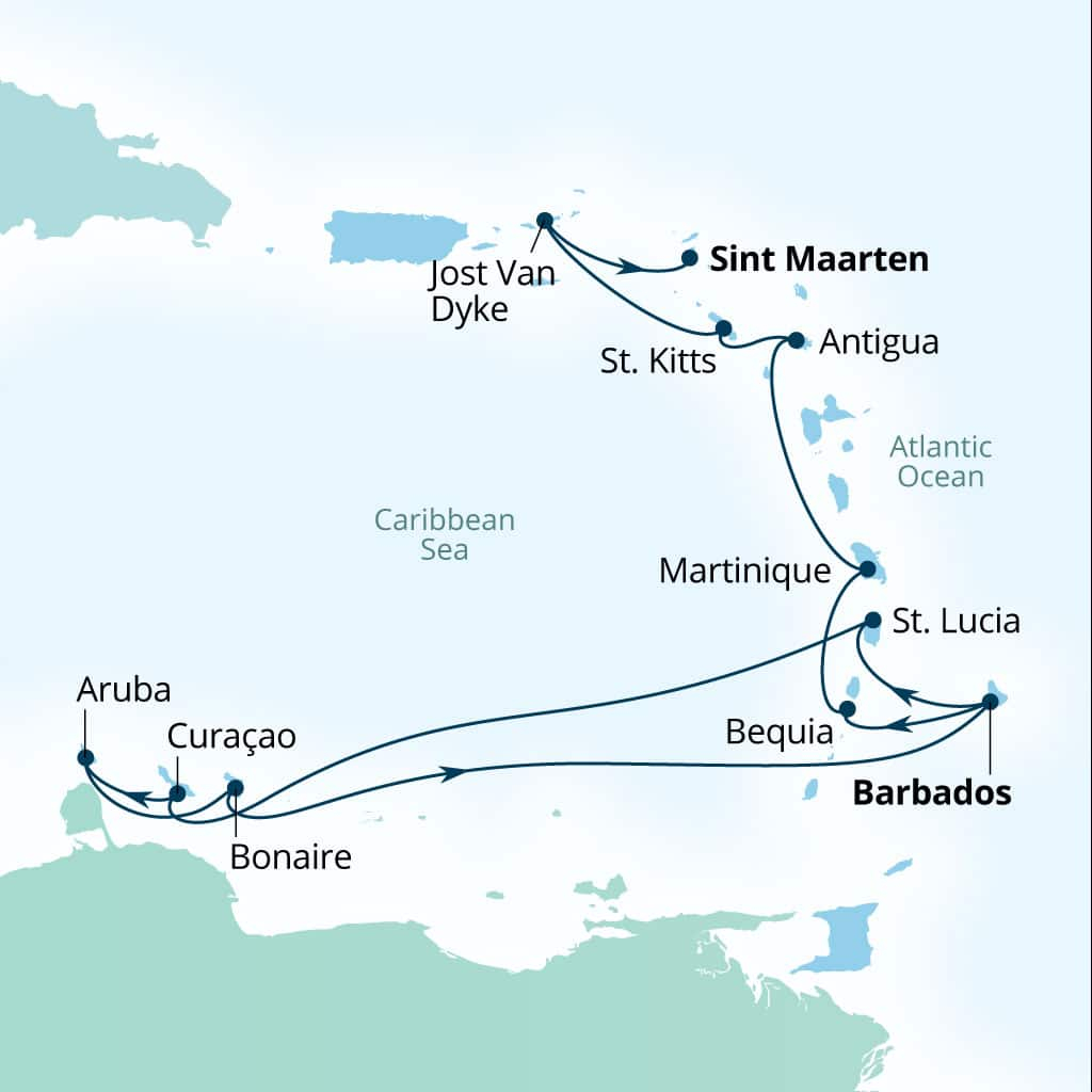 Seabourn Ovation 14-day Bridgetown, Barbados to Philipsburg, Sint Maarten itinerary map, February 3-17 2029