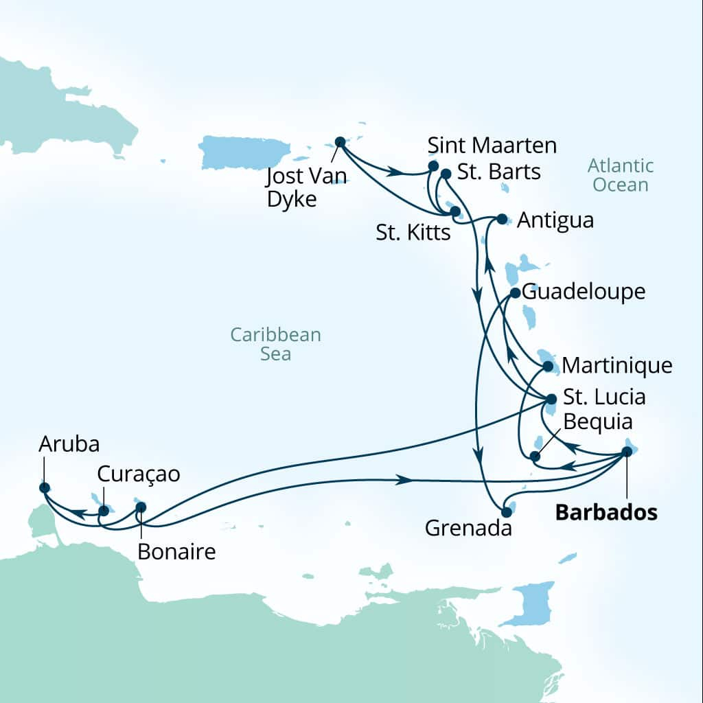 Seabourn Ovation 21-day Bridgetown, Barbados to Bridgetown, Barbados itinerary map, February 3-24 2029