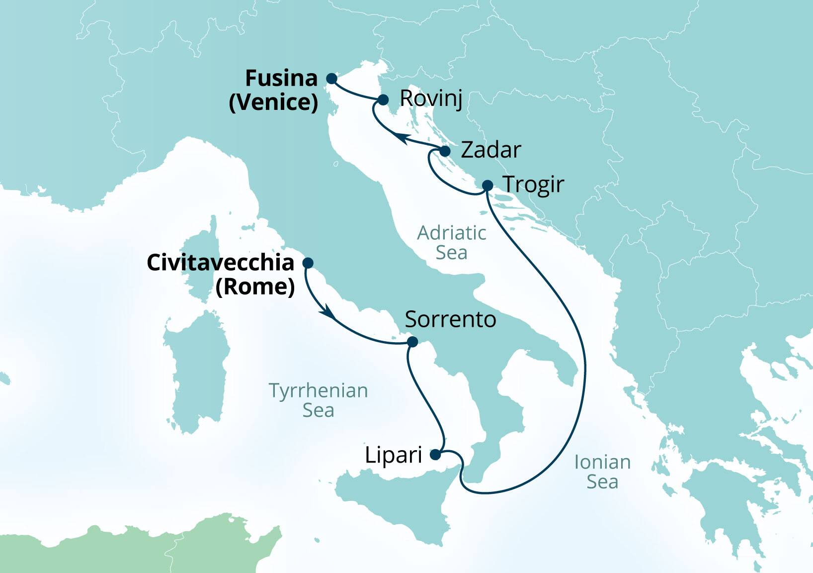 Seabourn Ovation Voyage 8932 Civitavecchia (Rome), Italy to Fusina (Venice), Italy itinerary map, April 21-28 2029