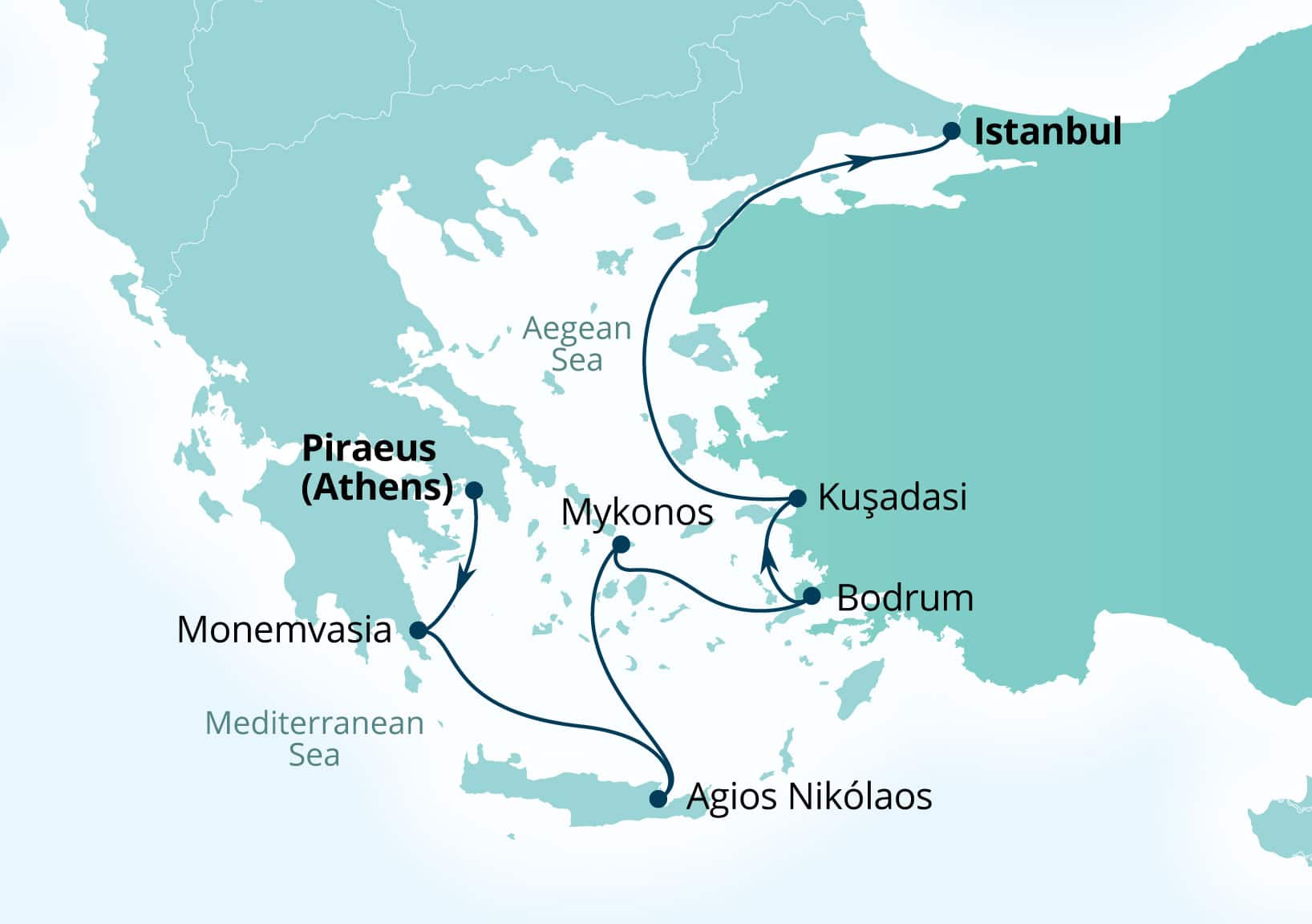 Seabourn Ovation Voyage 8936 Piraeus (Athens), Greece to Istanbul, Turkey itinerary map, May 5-12 2029