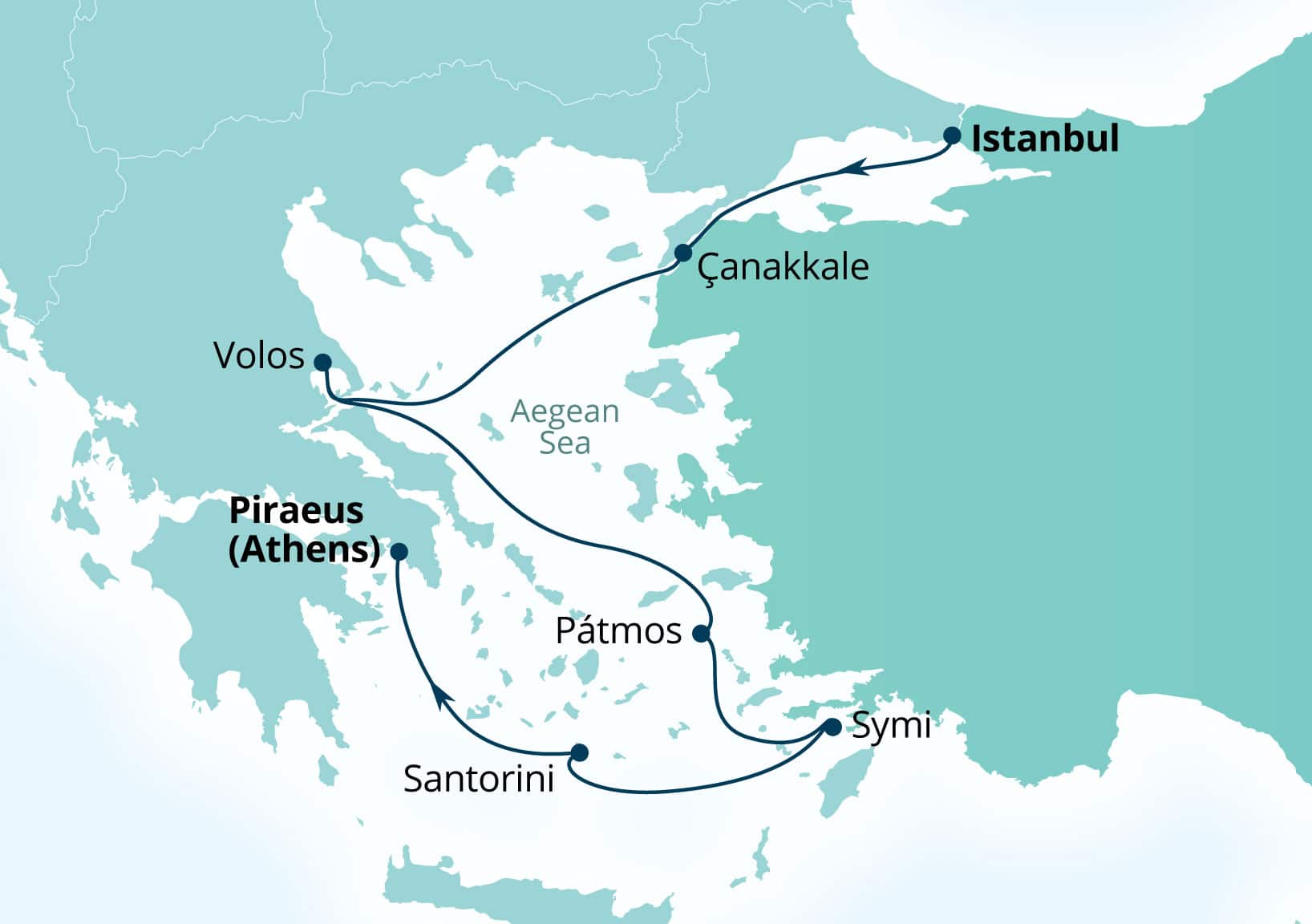 Seabourn Ovation Voyage 8937 Istanbul, Turkey to Piraeus (Athens), Greece itinerary map, May 12-19 2029