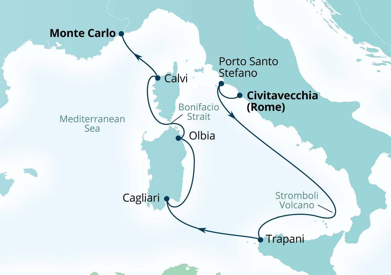 Seabourn Ovation Voyage 8942 Civitavecchia (Rome), Italy to Monte Carlo, Monaco itinerary map, June 2-9 2029