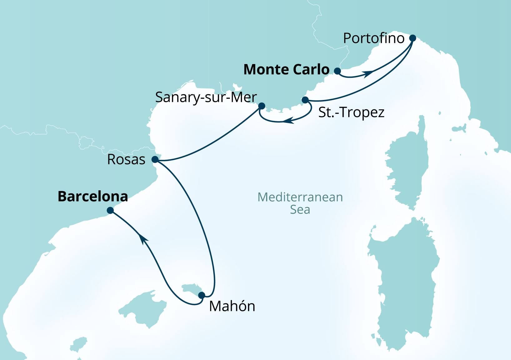 Seabourn Ovation Voyage 8945 Monte Carlo, Monaco to Barcelona, Spain itinerary map, June 9-16 2029