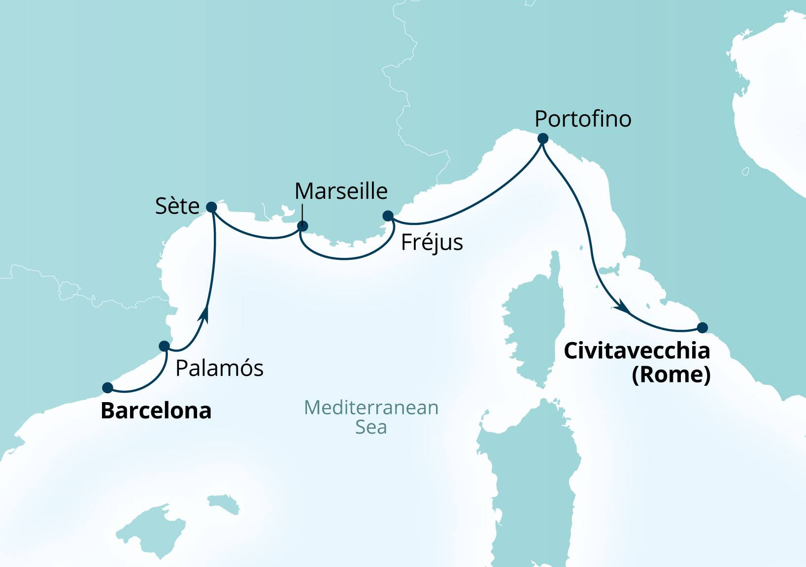 Seabourn Ovation Voyage 8946 Barcelona, Spain to Civitavecchia (Rome), Italy itinerary map, June 16-23 2029