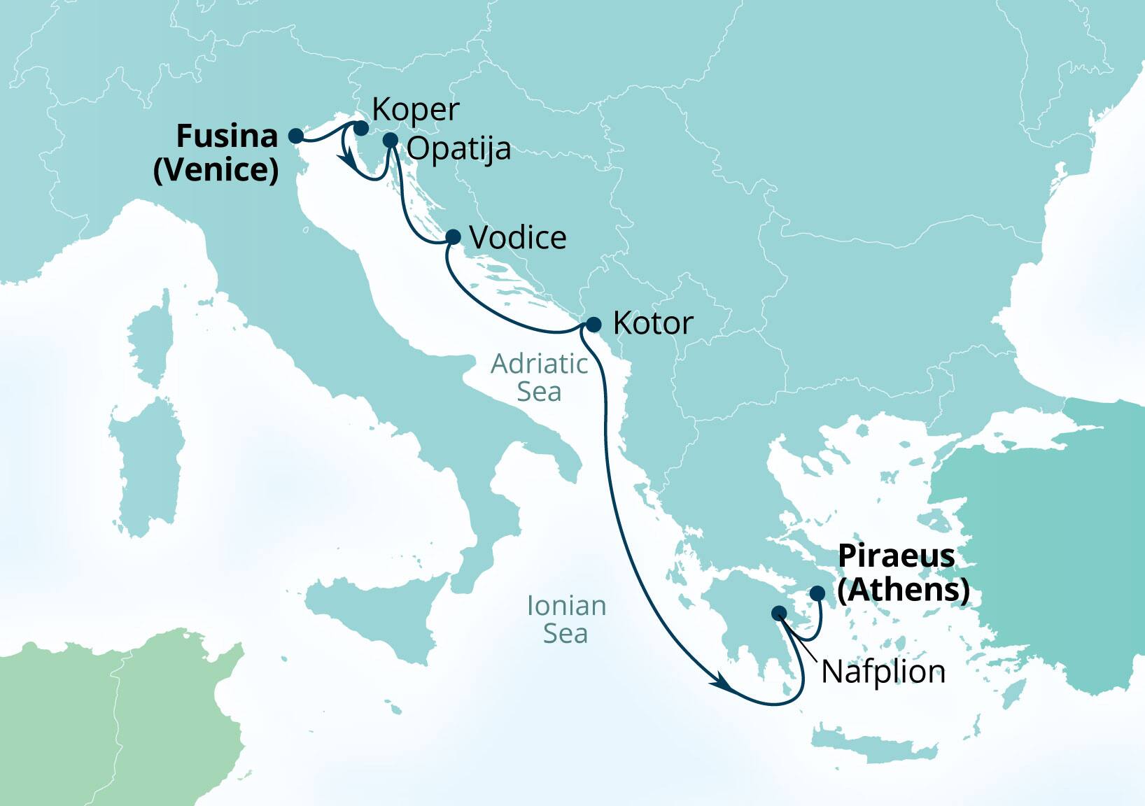 Seabourn Ovation Voyage 8950 Fusina (Venice), Italy to Piraeus (Athens), Greece itinerary map, June 30-July 7 2029