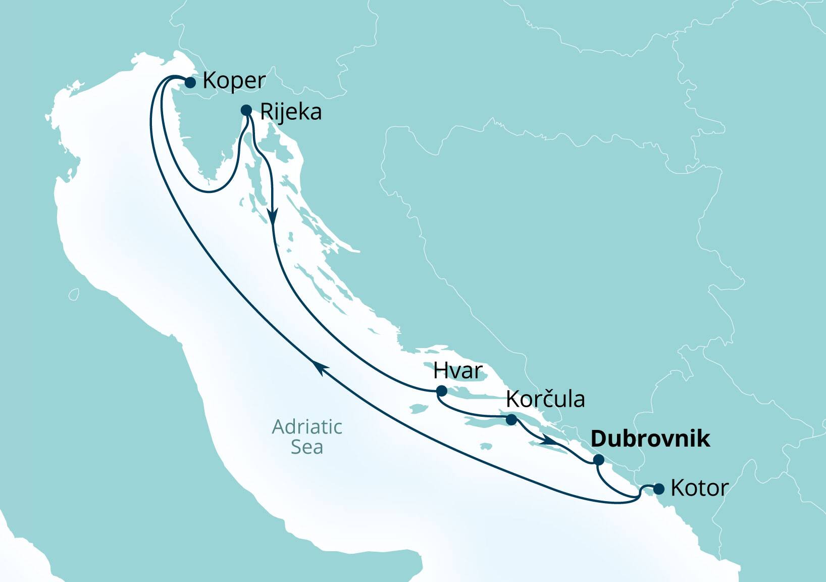 Seabourn Ovation Voyage 8955 Dubrovnik, Croatia to Dubrovnik, Croatia itinerary map, July 21-28 2029
