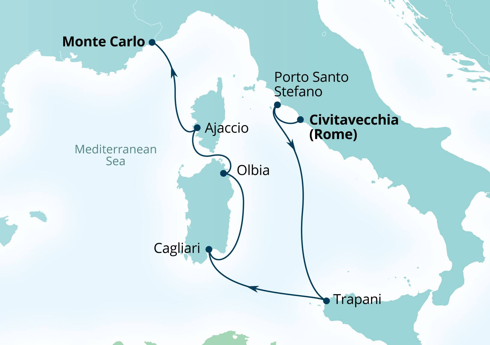 Seabourn Ovation Voyage 8957 Civitavecchia (Rome), Italy to Monte Carlo, Monaco itinerary map, August 4-11 2029