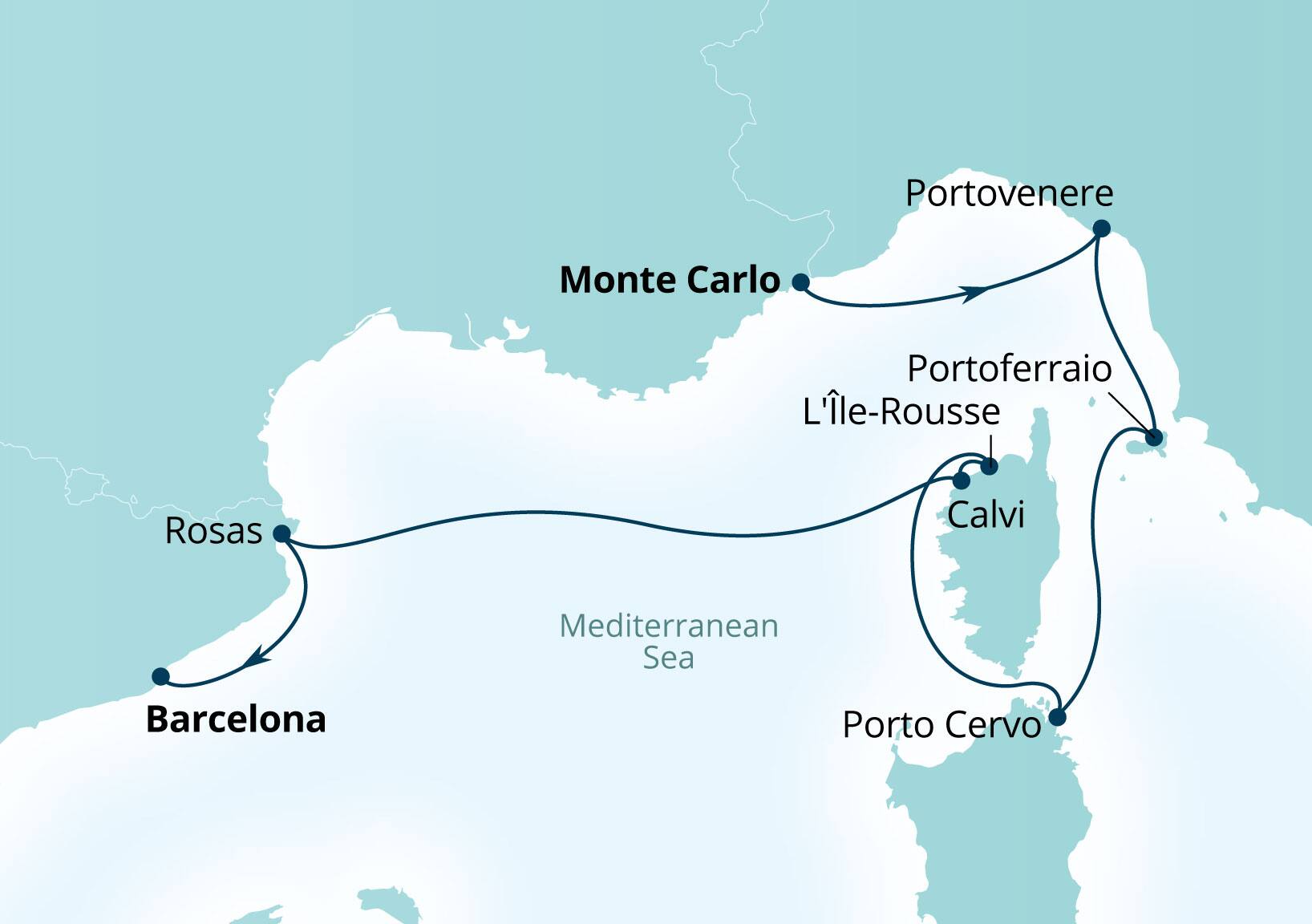 Seabourn Ovation Voyage 8960 Monte Carlo, Monaco to Barcelona, Spain itinerary map, August 11-18 2029