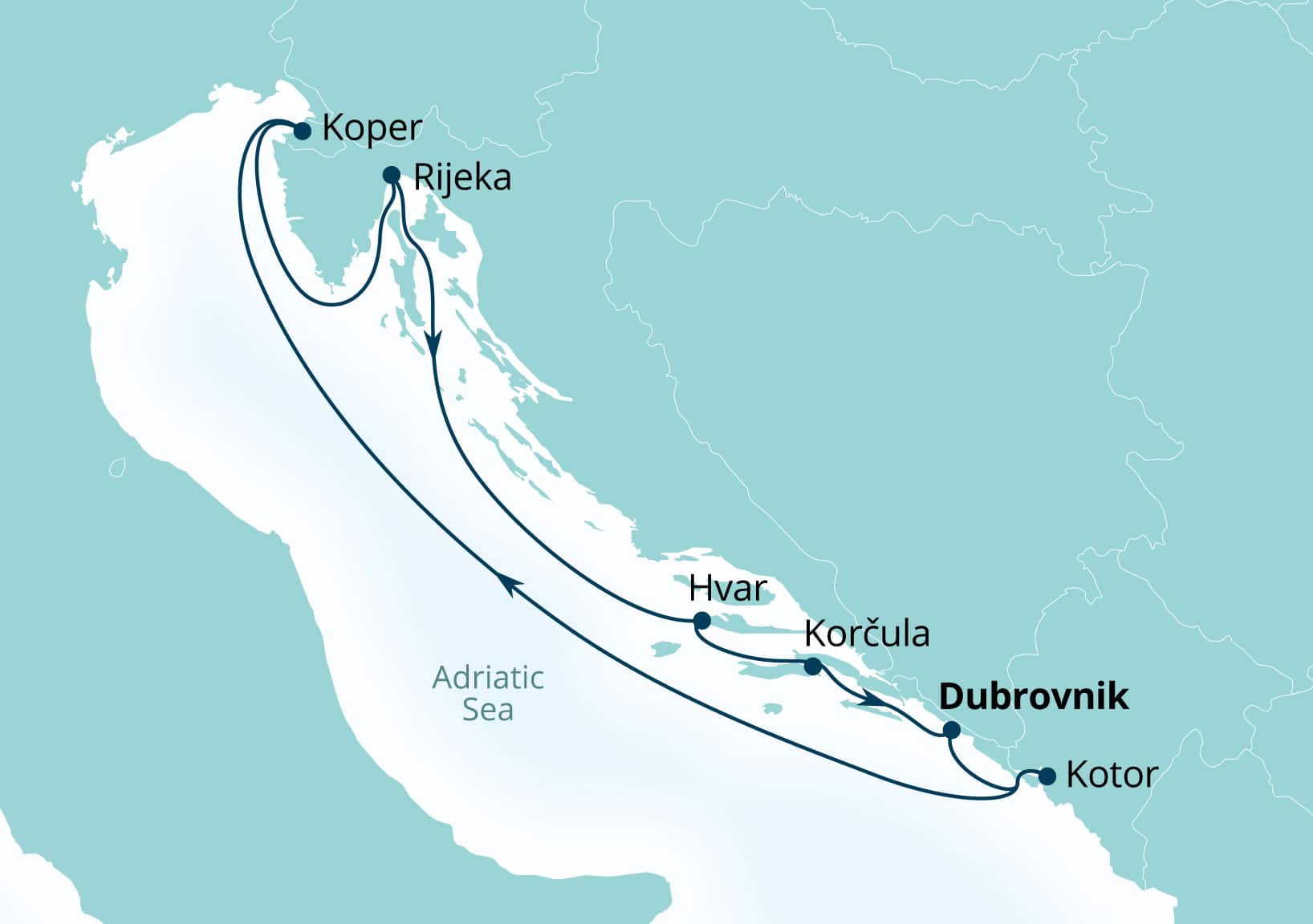 Seabourn Ovation Voyage 8965 Dubrovnik, Croatia to Dubrovnik, Croatia itinerary map, September 1-8 2029