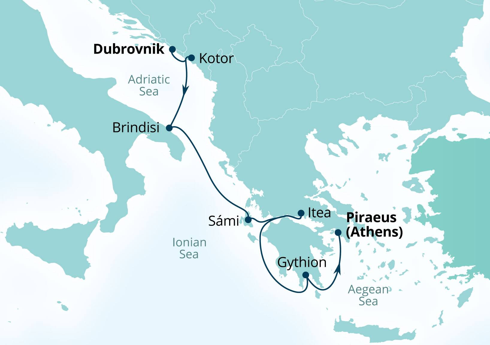 Seabourn Ovation Voyage 8966 Dubrovnik, Croatia to Piraeus (Athens), Greece itinerary map, September 8-15 2029
