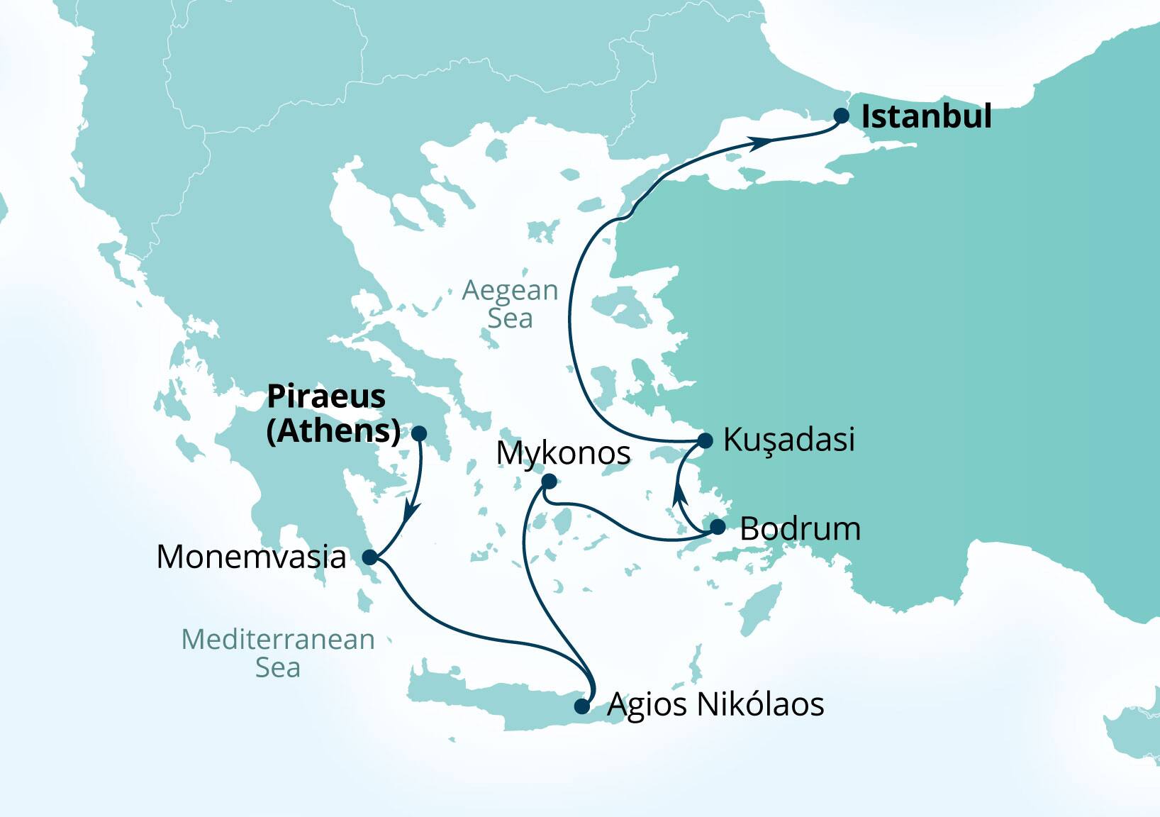 Seabourn Ovation Voyage 8967 Piraeus (Athens), Greece to Istanbul, Turkey itinerary map, September 15-22 2029