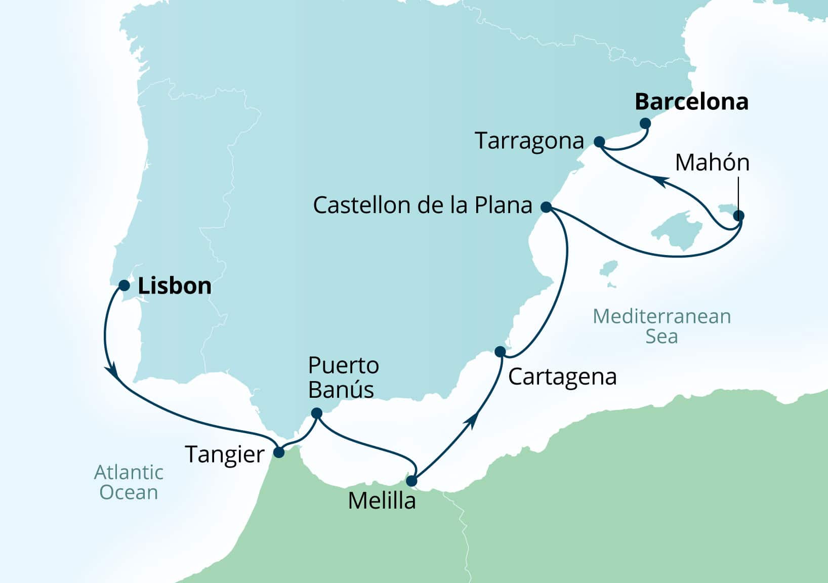 Seabourn Ovation Voyage 8930 Lisbon, Portugal to Barcelona, Spain itinerary map, April 5-14 2029