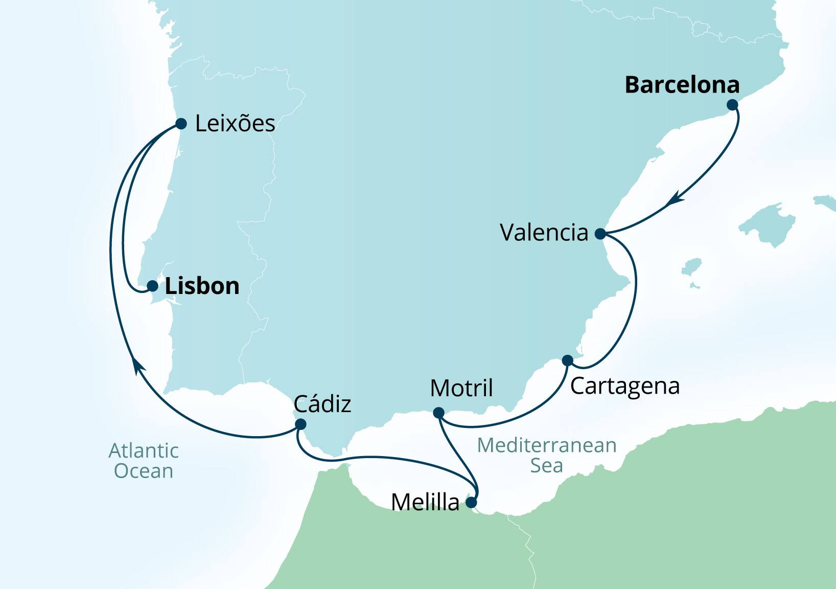 Seabourn Ovation Voyage 8981 Barcelona, Spain to Lisbon, Portugal itinerary map, November 17-26 2029