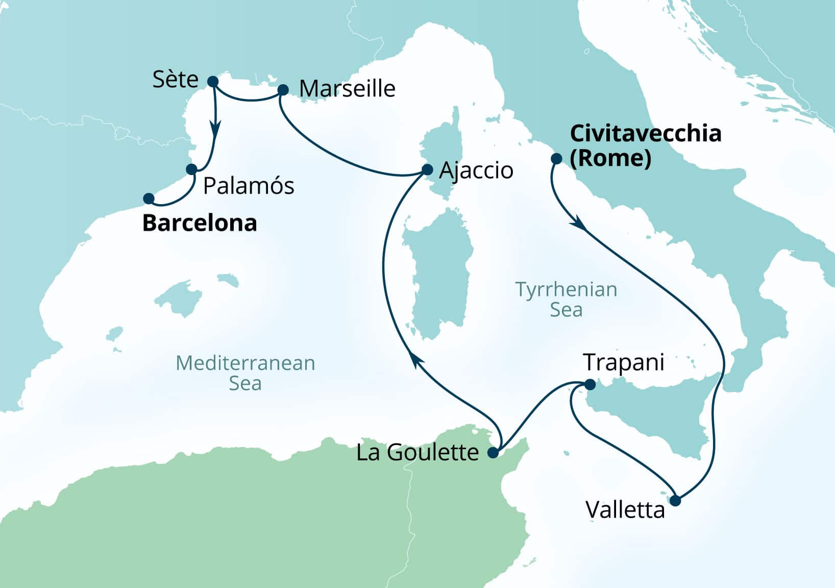 Seabourn Ovation Voyage 8980 Civitavecchia (Rome), Italy to Barcelona, Spain itinerary map, November 7-17 2029