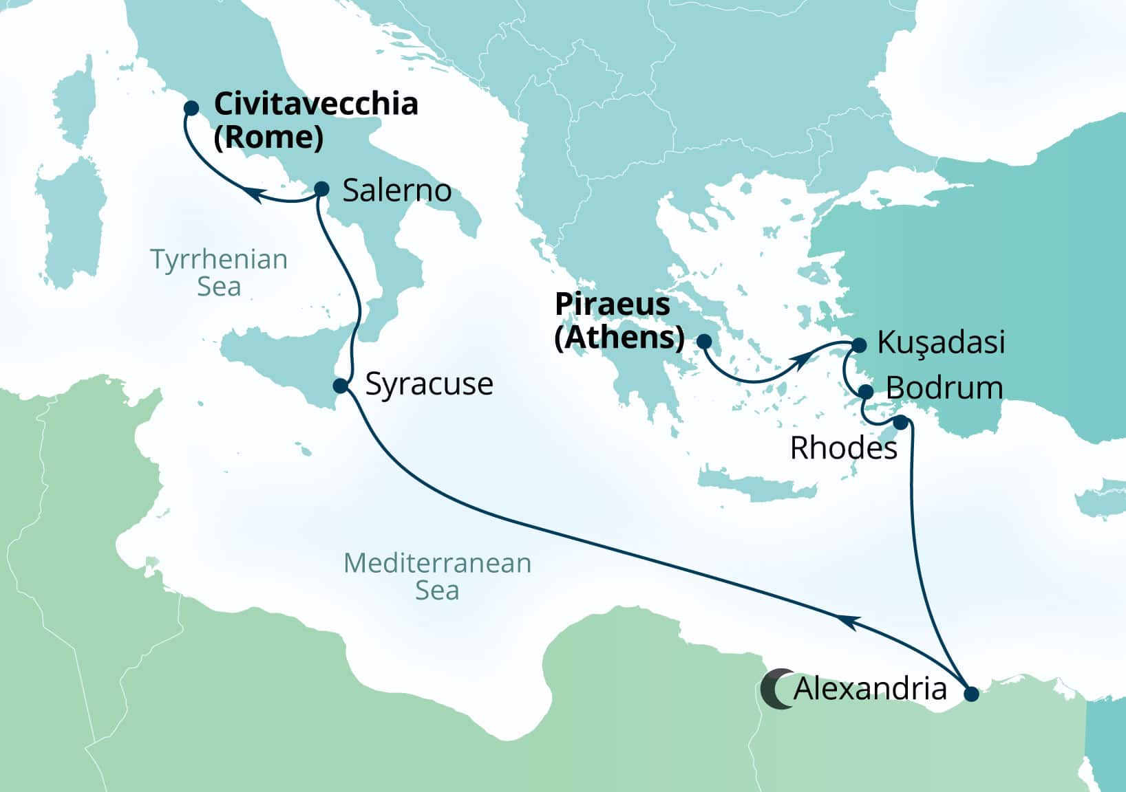 Seabourn Ovation Voyage 8977 Piraeus (Athens), Greece to Civitavecchia (Rome), Italy itinerary map, October 27-November 7 2029