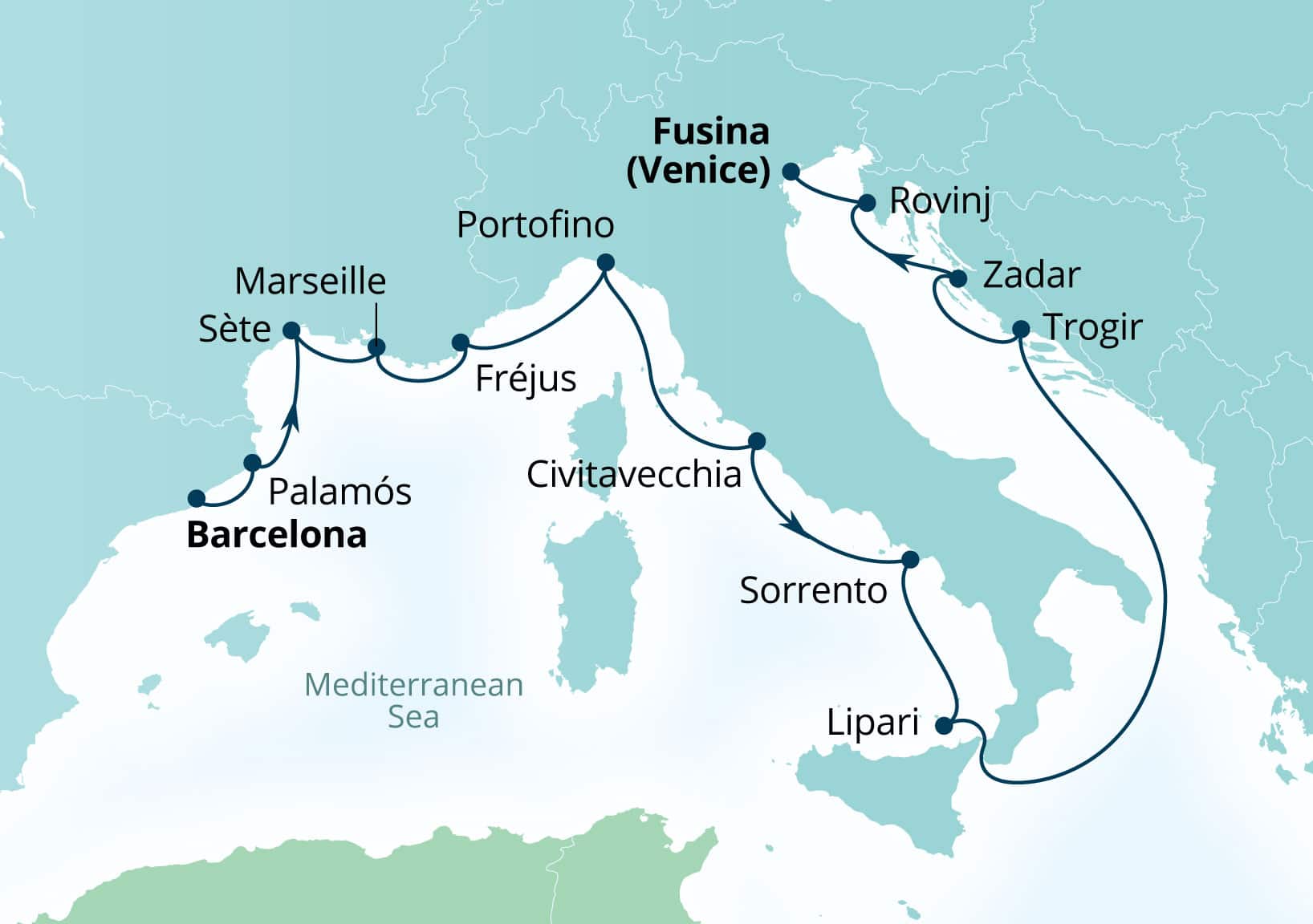 Seabourn Ovation Voyage 8931A Barcelona, Spain to Fusina (Venice), Italy itinerary map, April 14-28 2029