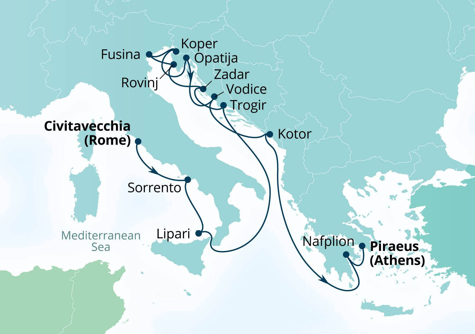 Seabourn Ovation Voyage 8932A Civitavecchia (Rome), Italy to Piraeus (Athens), Greece itinerary map, April 21-May 5 2029