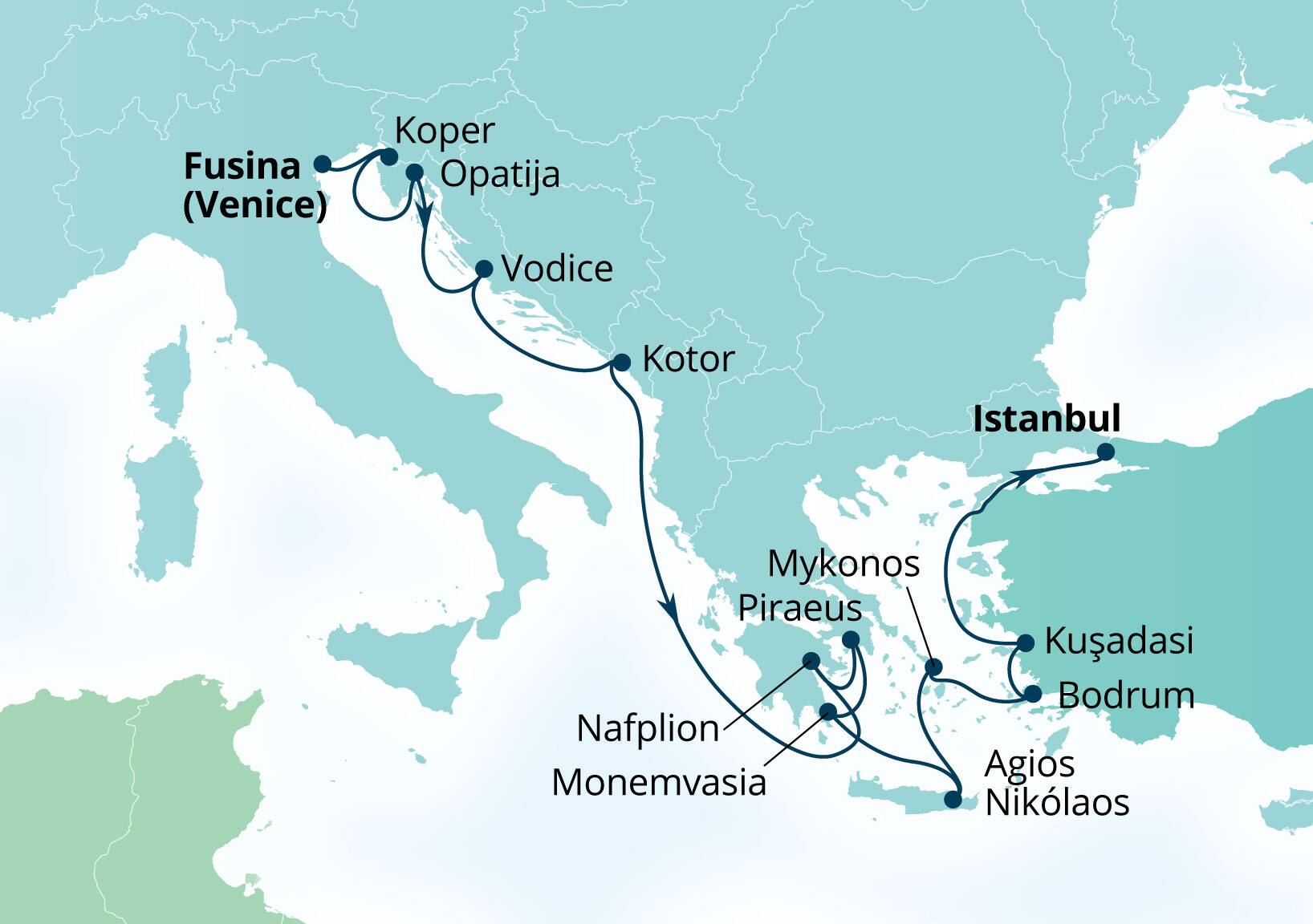 Seabourn Ovation Voyage 8935A Fusina (Venice), Italy to Istanbul, Turkey itinerary map, April 28-May 12 2029