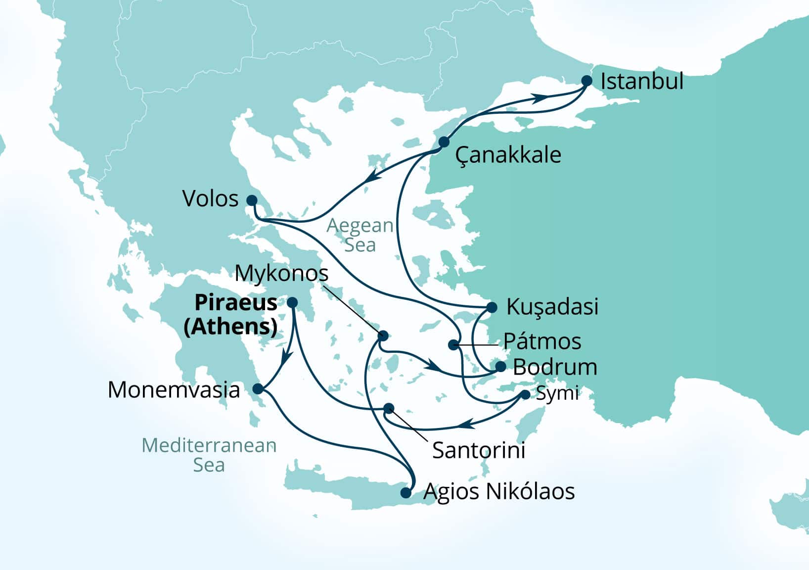 Seabourn Ovation Voyage 8936A Piraeus (Athens), Greece to Piraeus (Athens), Greece itinerary map, May 5-19 2029